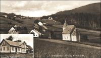Hraničky (Gränzdorf), vpředu kaple sv. Josefa, vlevo vpředu dům Josefa Nitsche, uprostřed rodiny Cöh, nahoře vlevo dům Viléma Nitsche, úplně nahoře vpravo hájenka