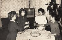 Celebrating birthday of a friend, Libuše second from the right (1963)