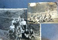 Double photo from a summer camp of Maccabi Hatzair. Anna Markovičová in front row, 3rd from left on the larger photo. Undated.