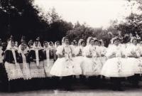 Festive program in Tvrdonice, Růžena second from left. Pictured on the right-handed girls in costume, left-married women in costume 