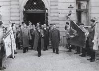President Beneš in Tyršův dům in Mělník, Mr. Bubník fourth on the right (1945)