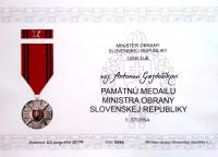 Decree of the award of memory medal for Anton Gajdošík 