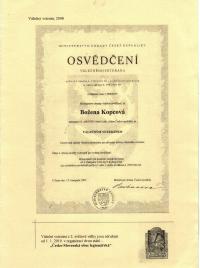 certificate of Božena Kopcová as a war veteran