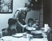 E.B. serving dinner in the SOS Children's Village in Doubí in 1971