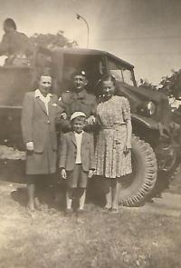Father Jan, mother Františka right, Ms Kozumplíková, son Jeník, military parade, Vypich, Bíla Hora Prague 30th May 1945