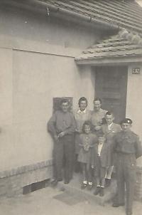 Father Jan Měřínský, sons Jan and Vladimír, mother  Františka and neighnours, Lipník 1945