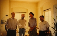 In the Center for Theoretical Studies - in a tower, from the left Jacques Rupnik, ICH, biographer Václav Havel, Ivan Havel, 1997 