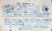 Telegram, který poslaly Věře Jakubvič sestry Edita a Eva, aby jí oznámily, že přežily. Květen 1945.