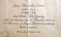 Pozvánka na bar micva Wolfganga Reinholda (Zeeva Rona). 1937.