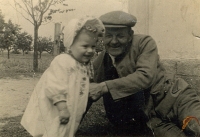 With her grandfather Václav Janura in Miletice, around 1948