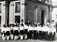 Eva Kotková (wearing glasses) with her choir. Prague, 1959