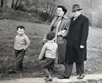 Eva and her sons on a walk with their grandfather Eda. 1958