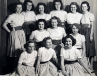 Eva (top row, third from right) at a rehearsal for the Dances performance for the Sokol sports' club's mass gymnastics festival. Prague, 1948
