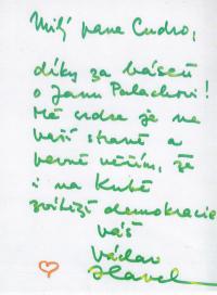 Letter of grattitude from the Czechoslovak president Václav Havel for the poem about Jan Palach