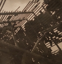 A barn of the Možný family after being hit by an air bomb dropped from an aircraft in April 1945.