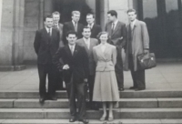 In front of the Faculty of Law, Zdeněk Bajgar the first one from the left (50s)