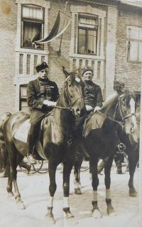 On the left, father František Mikulka in the farmers' ride through the village in Klenovice, Haná