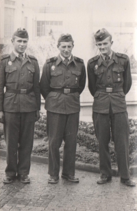Eduard Kraus during his military service as a commander of an armoured transport, from the left driver M. Benda, from the right machine gunner A. Havel in Olomouc in 1956 