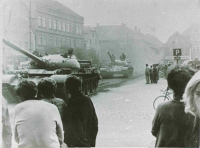 Tanks riding across the town square in Frýdlant v Čechách. 21th August 1968
