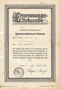 Ernennung von Johann Meinl zum Beamten auf Lebenszeit