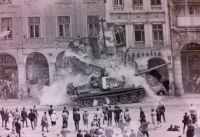Russian tank in the Liberec arcade in August 1968