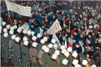 Year 1989: the policemen from the Civic Security avoid the manifestation at Národní třída in Prague	