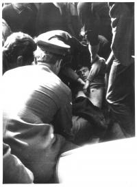 Wounded boy after shooting at the Radio building, 21 August 1968