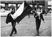 Unidentified young men with a flag, 21 August 1968