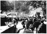 Crowd at the corner of Italská and Vinohradská streets, 21 August 1968