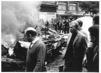 Vinohradská Street down before the turn to the Main Railway Station - destroyed tram, 21 August 1968