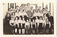 Maccabi Ha-tzair in Holešov celebrating Hanukkah. 1936-37.  In the photo: last row from left: Bergman, unknown, Rusolf Stamberger, Adolf Wienberger, Walter Stamberger, unknown, Walter Süss, J