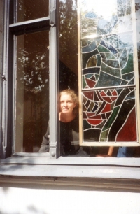 The witness's second wife Line With opens an exhibition of her stained glass, 1994